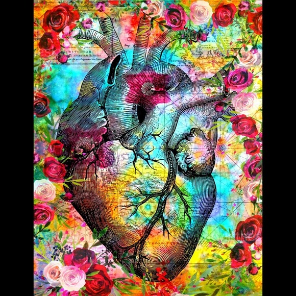 Art Print Bright Heart Anatomical Red Rose Kaleidoscope Map Wall Decor - Picture 2 of 5